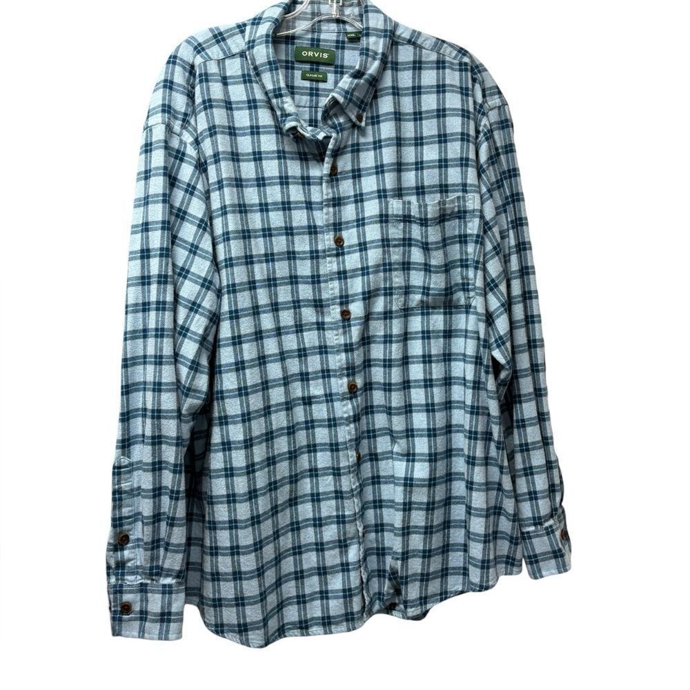 Orvis Long Sleeve Flannel Button Down Classic, Blue & White Plaid, Size XXL
